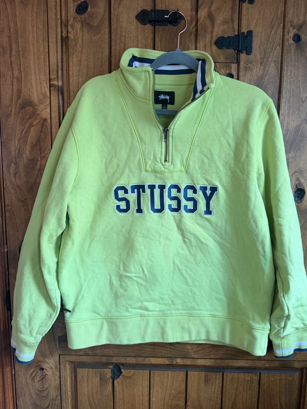 Stussy Men’s Neon Lime Half-Zip Pullover with Navy Logo